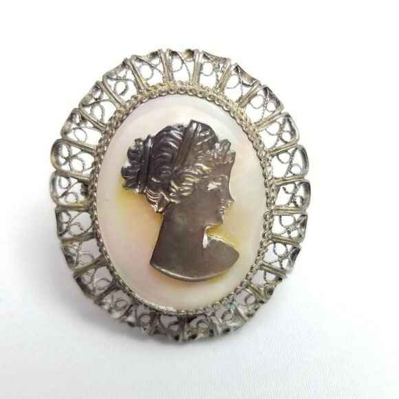 Vintage Cameo Brooch, 800 Grade Silver Filigree Frame, Mother of Pearl, Estate - Picture 6 of 7